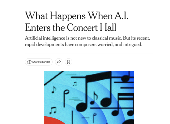 screenshot of the webpage hosting the article, with the title "What happens when AI enters the concert hall" and a picture of balck music notes on a light blue background