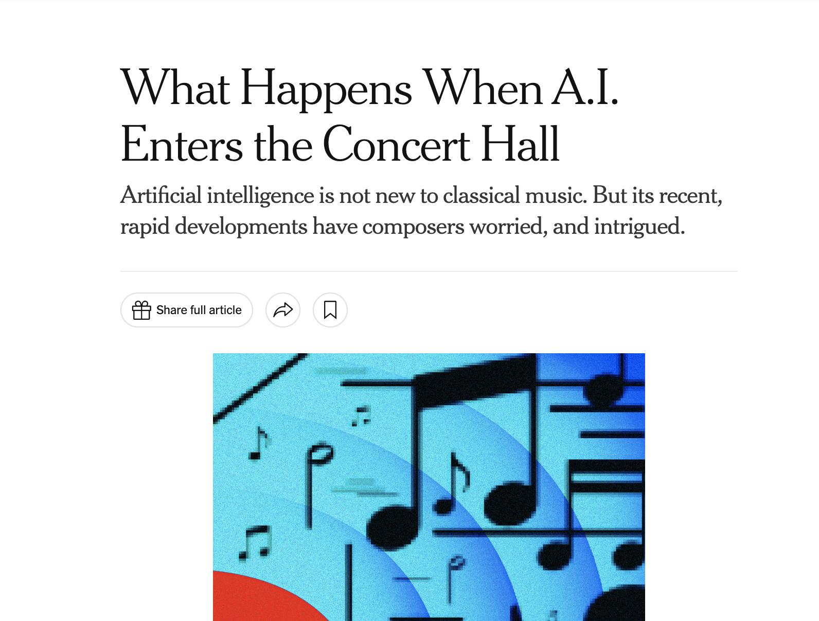 screenshot of the webpage hosting the article, with the title "What happens when AI enters the concert hall" and a picture of balck music notes on a light blue background