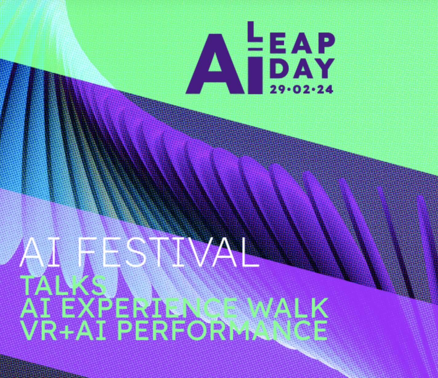 poster for AI Leap Day, with a background that has a curve made of nested circles overlaid with translucent color bars of green and purple. Has the text 